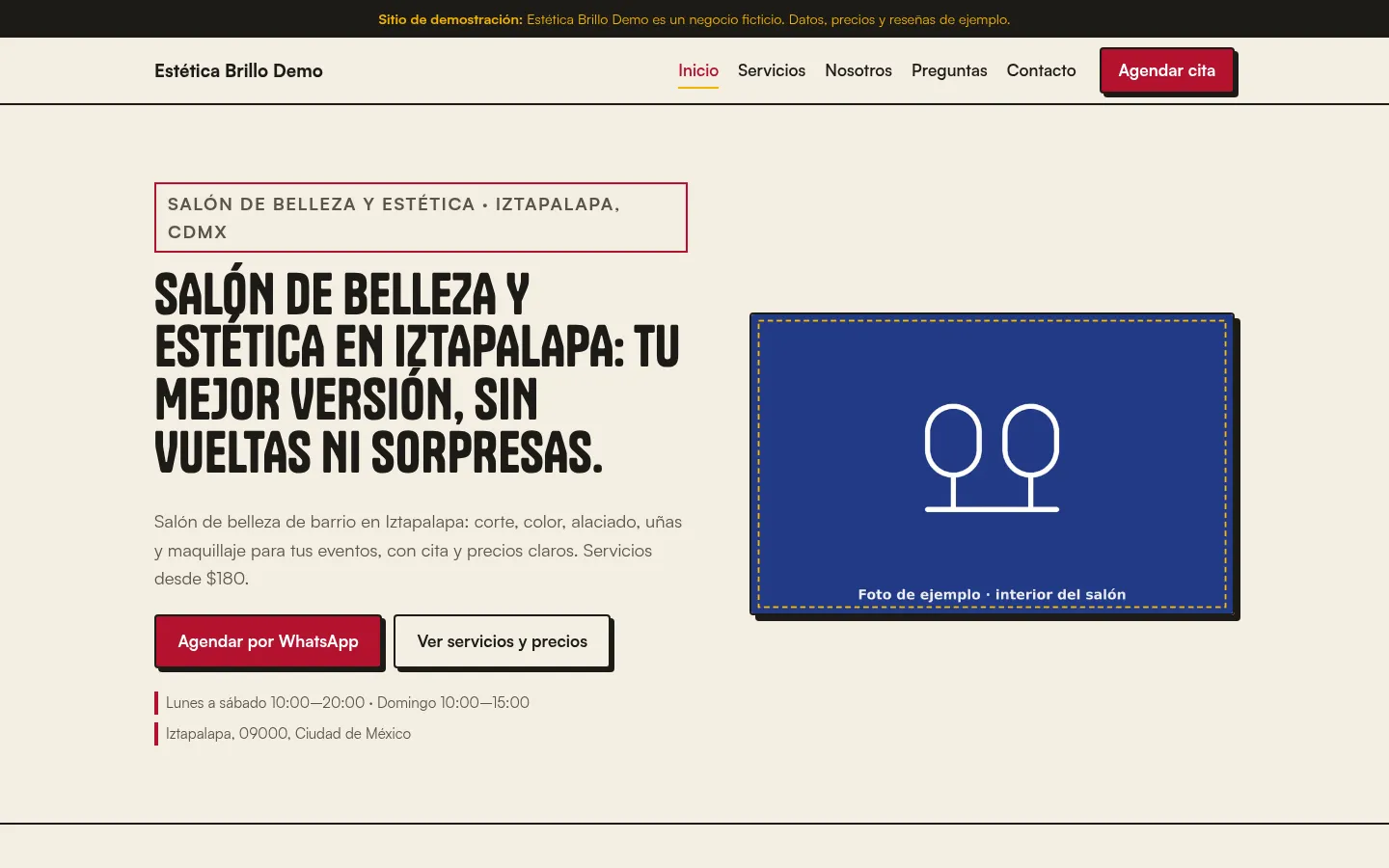 Captura de escritorio del sitio de demostración de Estética Brillo Demo, un salón de belleza ficticio